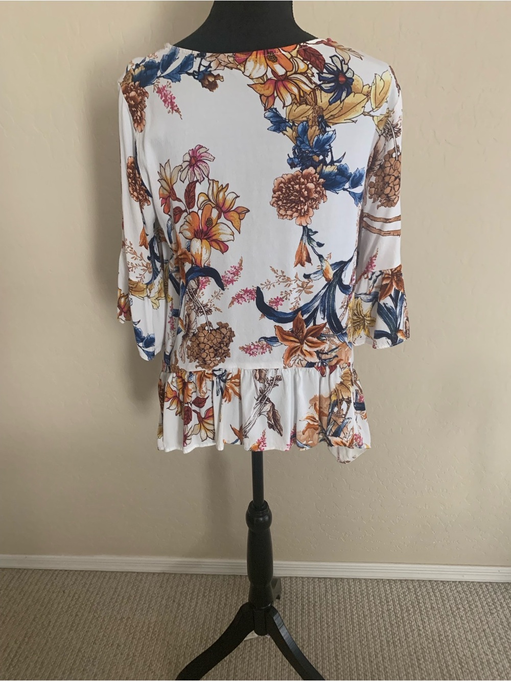 Floral Peplum Sleeve Women's Top - White with Blue & Mustard Floral Print
